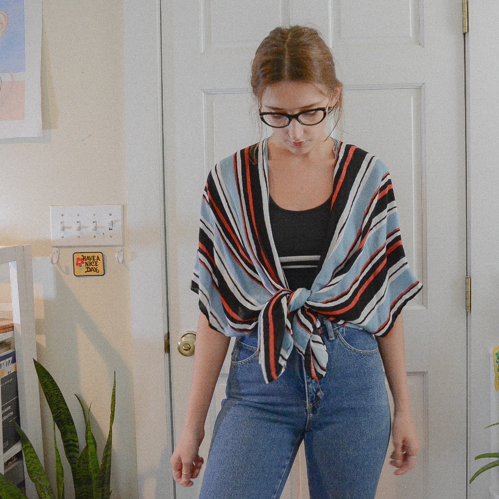 Forever 21 Striped Tie-Front Blouse in Blue, Black, White & Red